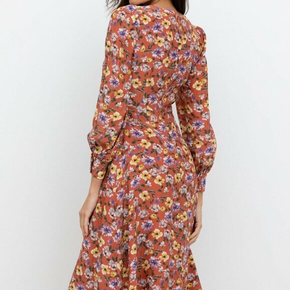 Yumi Kim So Amazing Rust Silk Floral Love Me Tender Dress Long Sleeves Pockets - Picture 2 of 14